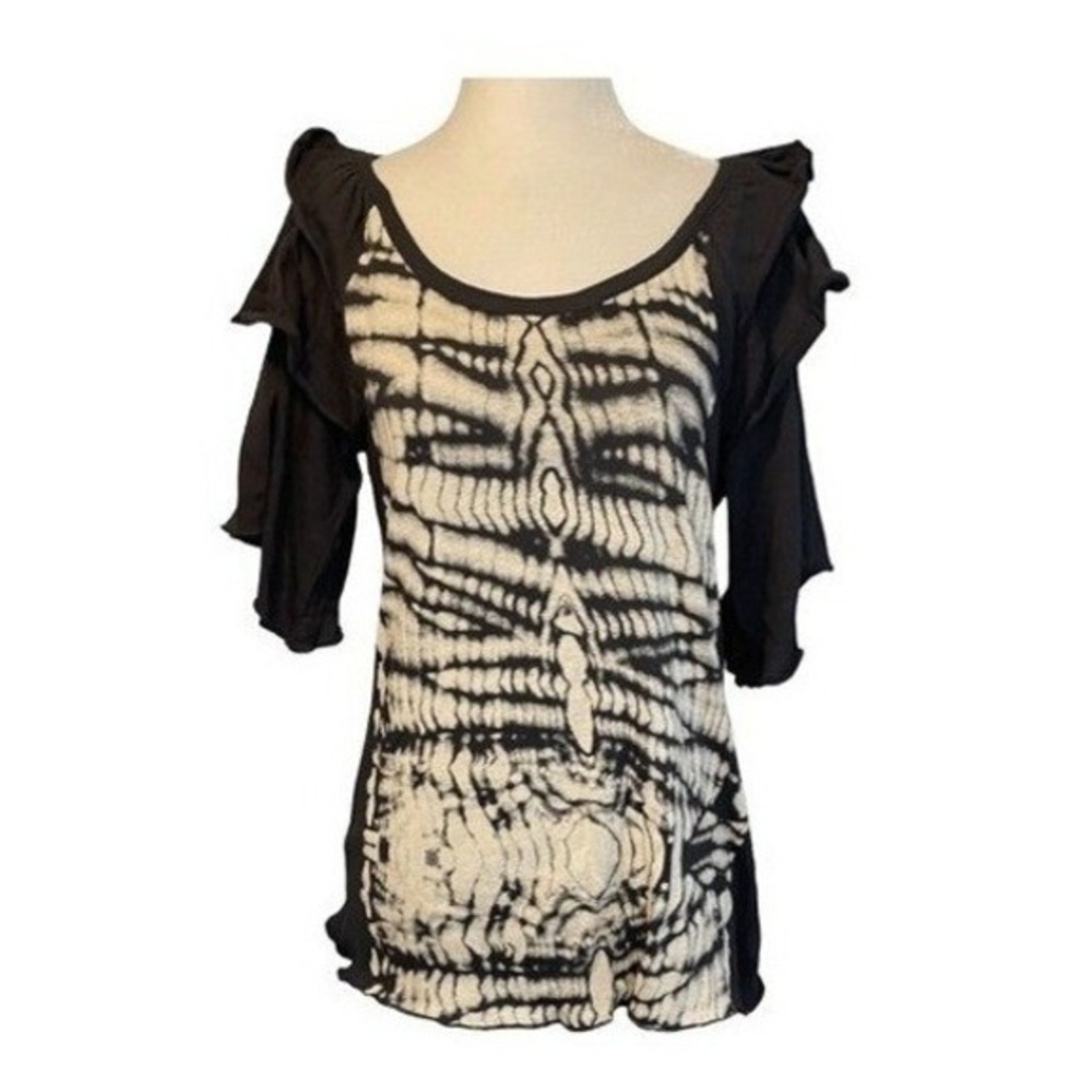 Chaser Gauzy Ruffle Shoulder Zebra‎ Stripe Top Gray Tie Dye Knit Short Sleeve S